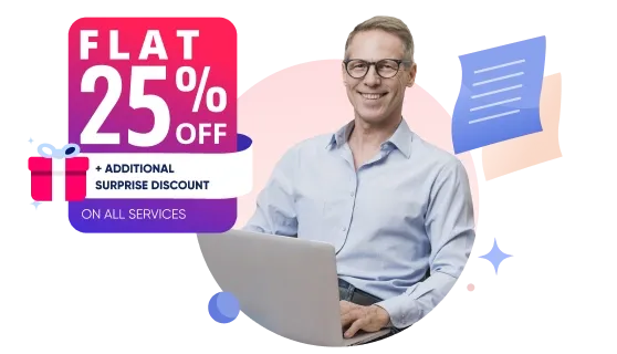 Man with glasses using a laptop, next to a graphic offering a flat 25% off and additional surprise discount on all services.