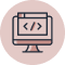 A circular icon representing web design or coding, featuring a simplified monitor display with stylized code brackets.