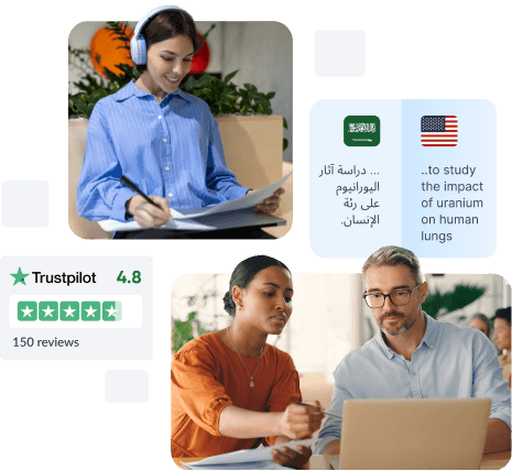 A composite image featuring a person with headphones working on a laptop, a conversation between two individuals, and a Trustpilot rating of 4.8 stars based on 150 reviews.