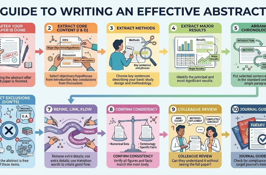 How do I write an effective abstract? Begin writing the abstract after you have finished writing your paper. Pick out the major objectives/hypotheses and conclusions from your Introduction and Discussion/Conclusion Select key sentences and phrases from your Methods Identify the major results from your Results Now, arrange the sentences and phrases selected in steps 2, 3, and 4 into a single paragraph in the following sequence: Introduction, Methods, Results, and Discussion/Conclusions. Make sure that this paragraph does not contain (i) new information that is not present in the paper (ii) undefined abbreviations or group names, (iii) a discussion of previous literature or reference citations, (iv) unnecessary details about the methods used Remove all extra information (see step 6) and then link your sentences to ensure that the information flows well, preferably in the following order: purpose; basic study design, methodology and techniques used; major findings; summary of your interpretations, conclusions, and implications. Confirm that there is consistency between the information presented in the abstract and in the paper, especially any numerical data. Ask a colleague to review your abstract and check if the purpose, aim, methods, and conclusions of the study are clearly stated. Ask them if the abstract makes complete sense to them without showing them the rest of your paper. Check to see if the final abstract meets the guidelines of the target journal (word limit, type of abstract, recommended subheadings, etc.).
