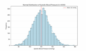 A histogram and bell curve showing normal distribution of blood pressure