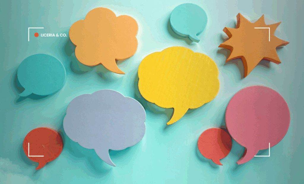 Image shows an array of post-it notes of different speech bubble shapes and colors. Superimposed on it is a typical field of view seen through a camera lens.