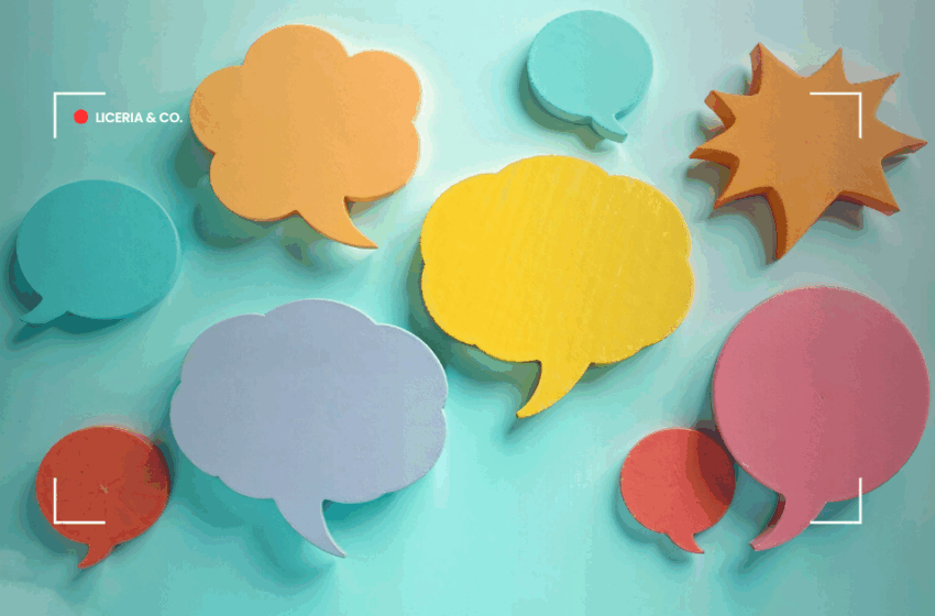 Image shows an array of post-it notes of different speech bubble shapes and colors. Superimposed on it is a typical field of view seen through a camera lens.