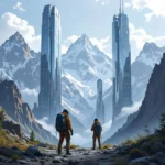 This image shows a group of scientists standing between futuristic skyscrapers and towering mountains. The scene has a dystopian aesthetic, with glass towers reflecting the rugged peaks, in a futuristic landscape.