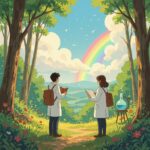 This image shows scientists in lab coats exploring a whimsical forest with a rainbow in the distance. The scene blends fantasy and realism in a vibrant, animated style.